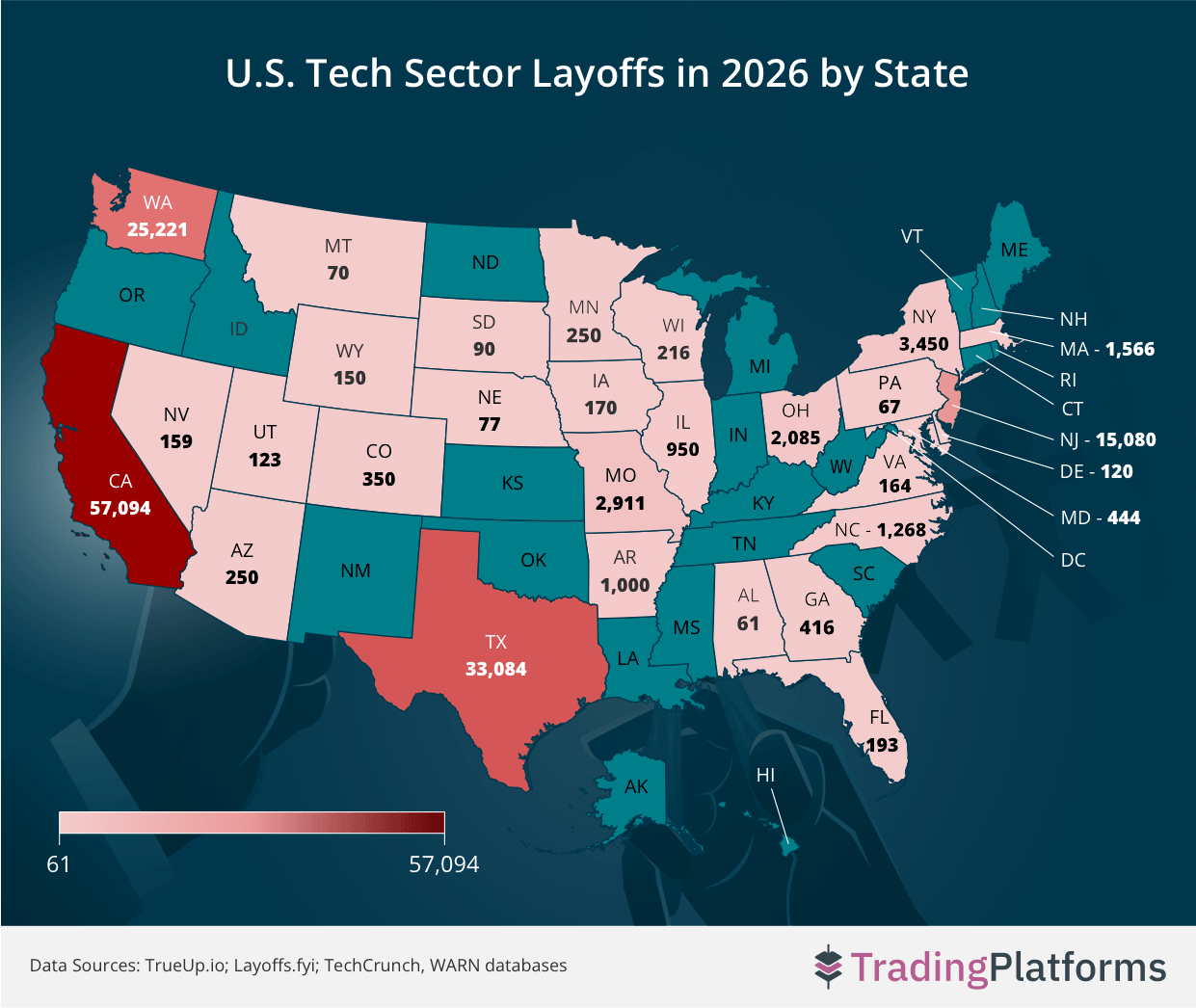 U.S. Tech Sector Layoffs in 2026 by State